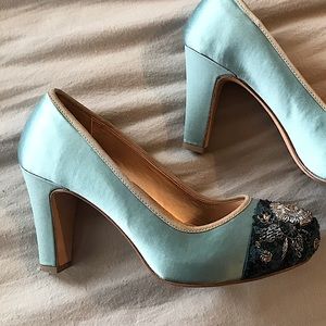ANTHROPOLOGY Beaded Satin Turquoise Heel Pump